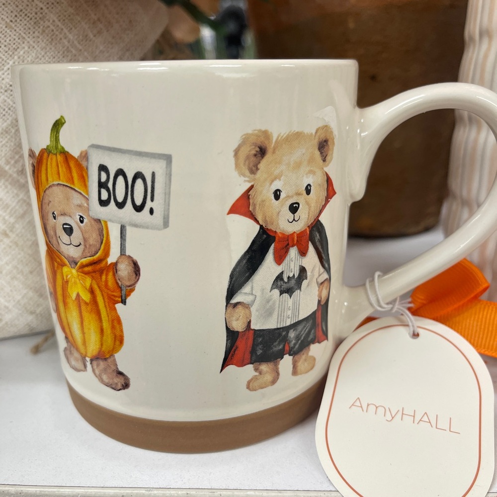 Halloween Teddy Bears in Costumes Pumpkin Vampire Mummy Ceramic Coffee Mug NWT